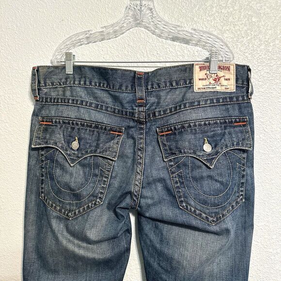 True Religion Jeans 38x30 Straight with Flaps Dark Wash Denim Blue - Picture 5 of 16